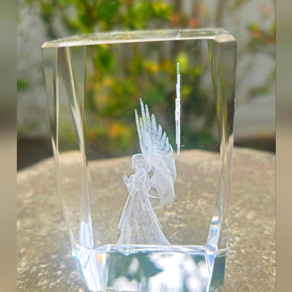 Laser Etched Glass Paper Weight-Angel With Cross 4” Tall & Heavy - Picture 3 of 6